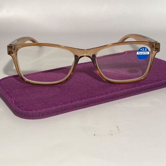 1435 Helen 3.5 Reading Glasses Thin Rectanle Bluelight Filter Taupe Frames NWT - Picture 2 of 9